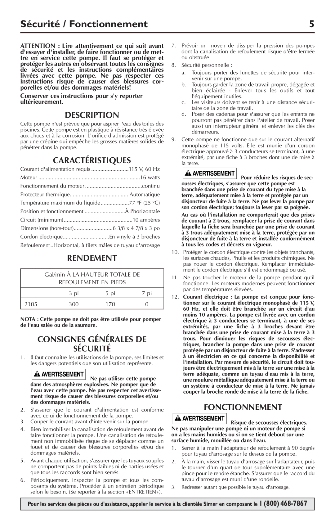 Simer Pumps 2105 owner manual Sécurité / Fonctionnement 