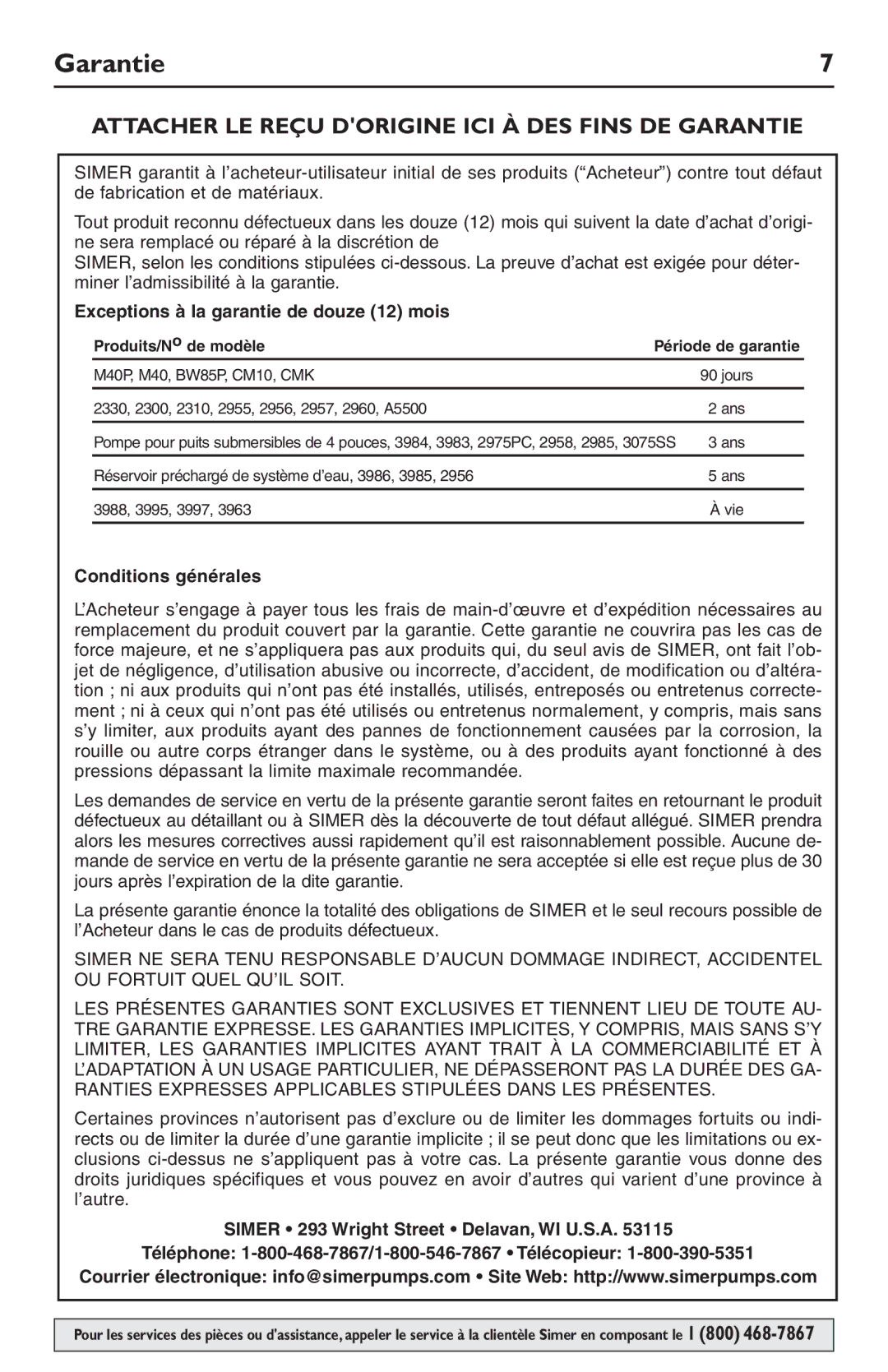 Simer Pumps 2105 owner manual Attacher LE Reçu Dorigine ICI À DES Fins DE Garantie, Produits/N o de modèle 