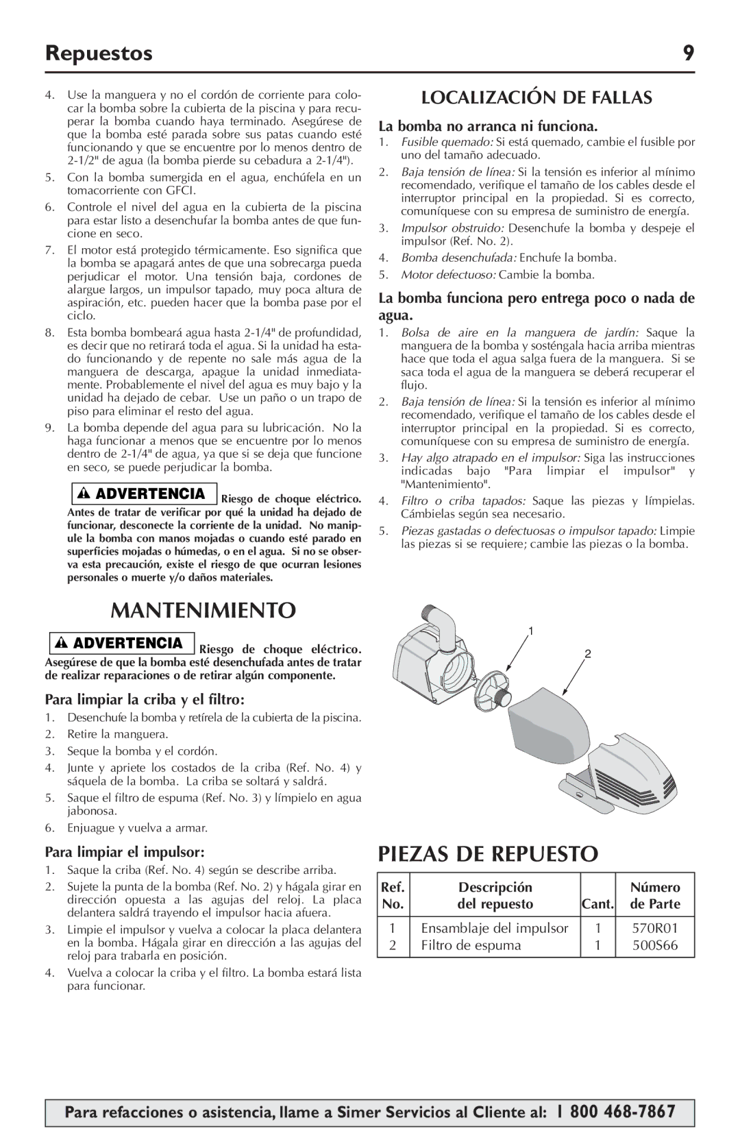 Simer Pumps 2105 owner manual Repuestos, Mantenimiento, Piezas DE Repuesto, Localización DE Fallas 