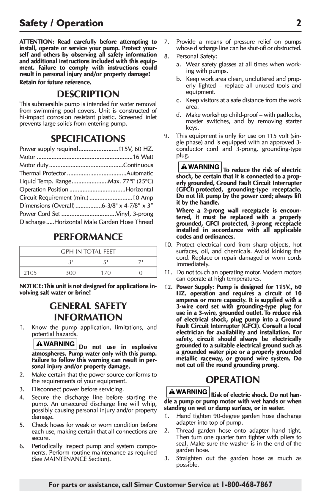 Simer Pumps 2105 owner manual Safety / Operation, Description, Specifications, General Safety Information, Performance 