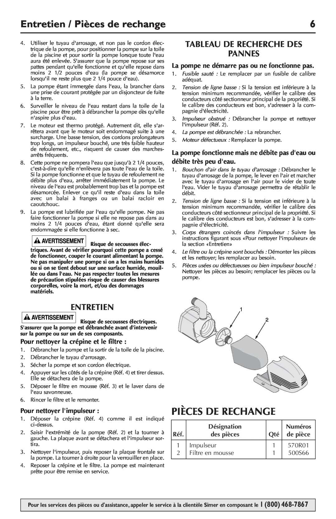 Simer Pumps 2105 Entretien / Pièces de rechange, Pièces De Rechange, Tableau De Recherche Des Pannes, Désignation, Numéros 