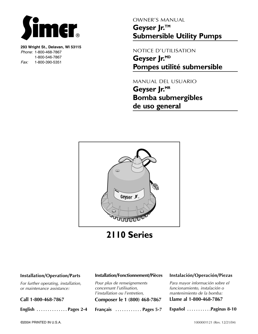 Simer Pumps 2110 owner manual Geyser Jr.TM, Submersible Utility Pumps, Geyser Jr.MD, Pompes utilité submersible 