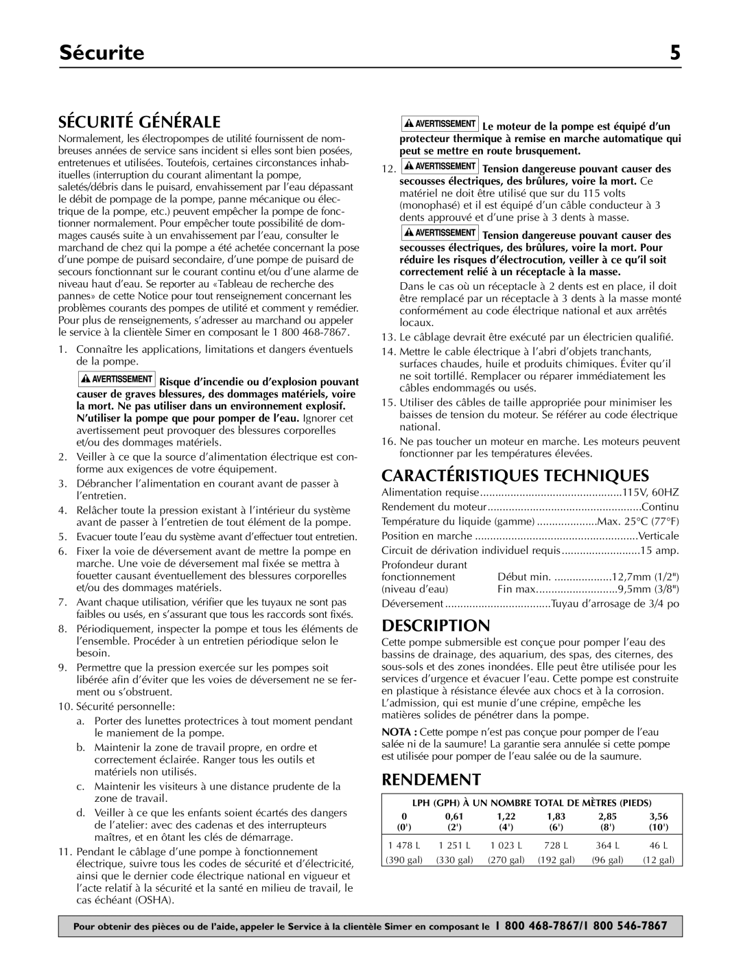 Simer Pumps 2110 owner manual Sécurite, Sécurité Générale, Caractéristiques Techniques, Rendement 