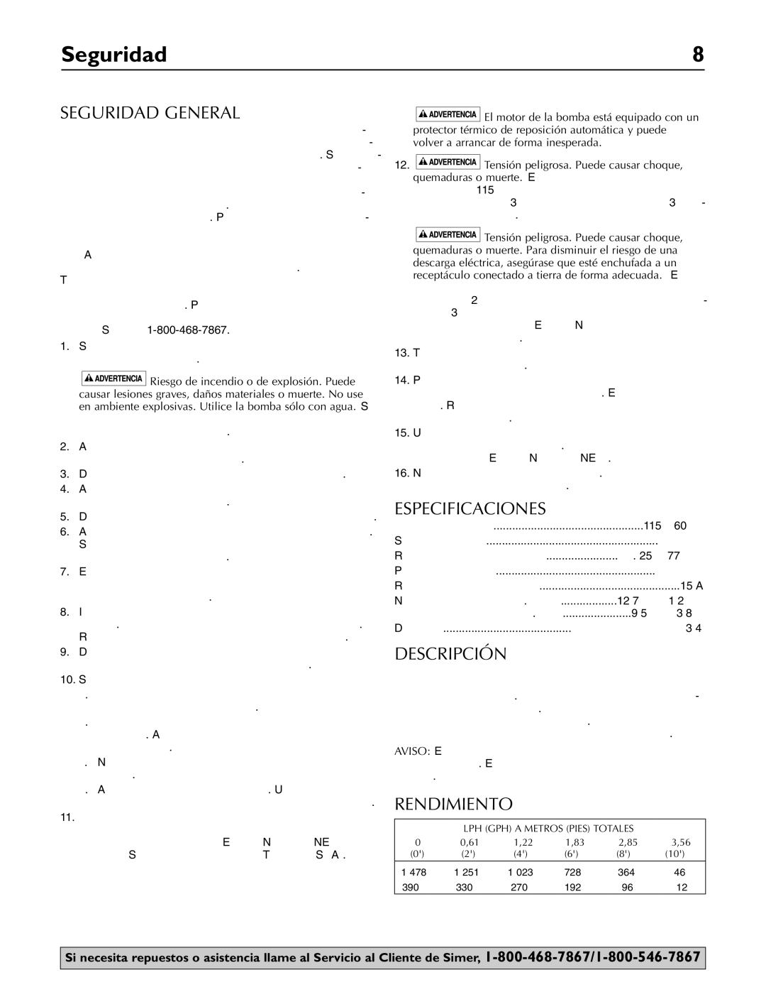 Simer Pumps 2110 owner manual Seguridad General, Especificaciones, Descripción, Rendimiento 