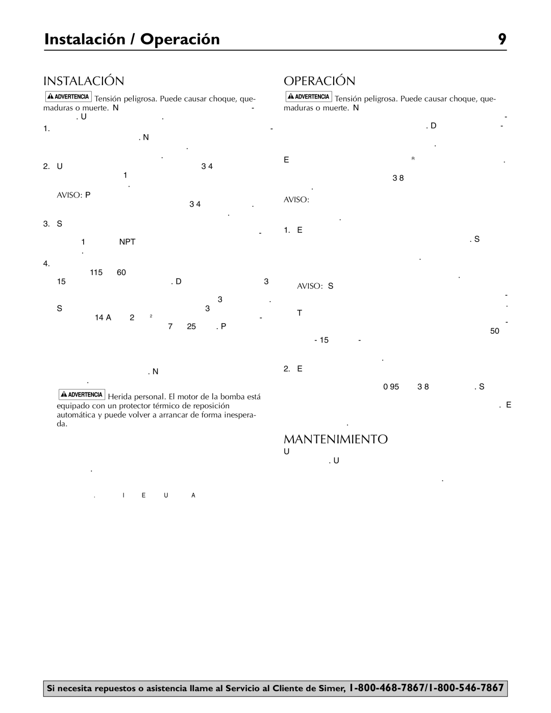 Simer Pumps 2110 owner manual Instalación / Operación, Mantenimiento 