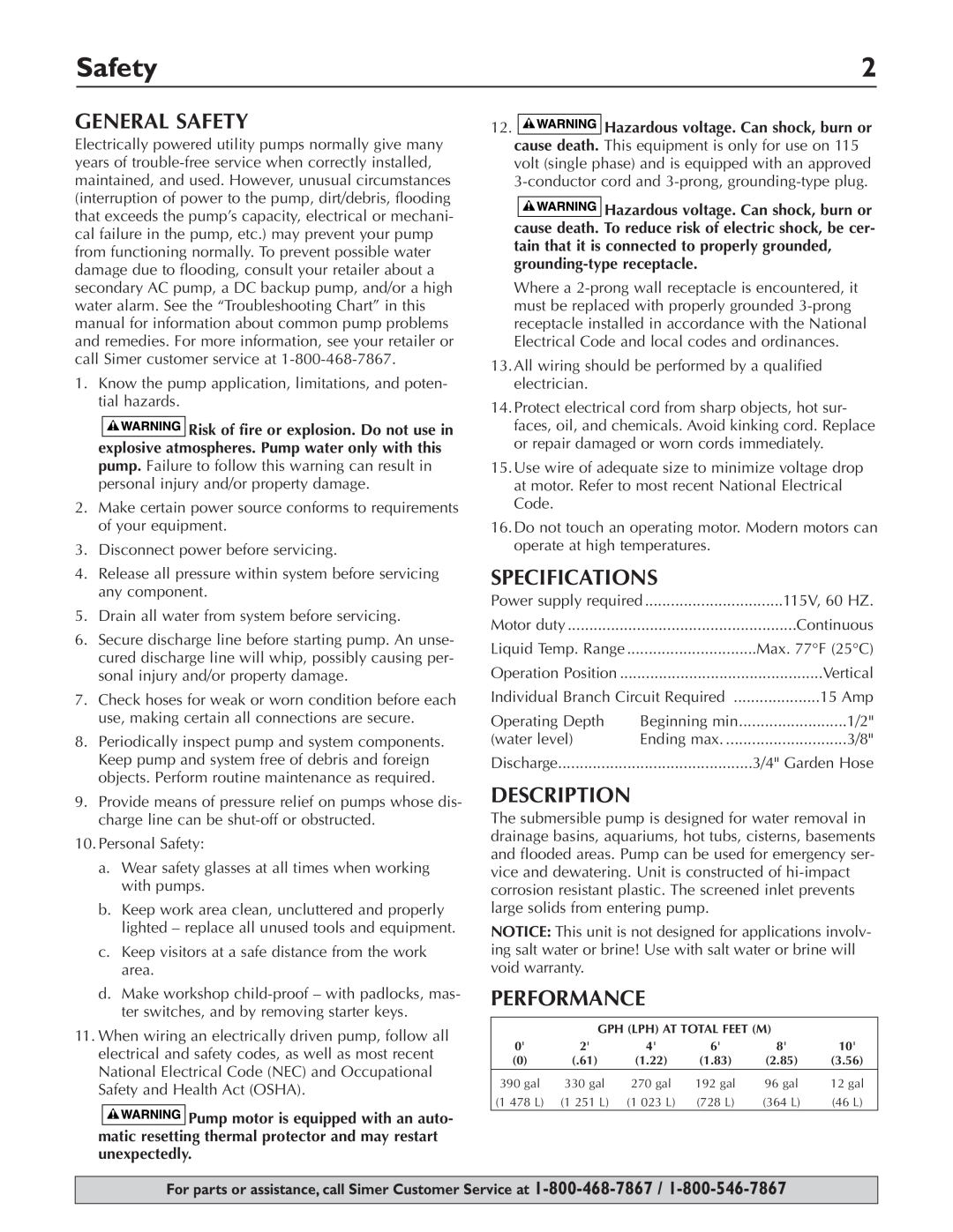 Simer Pumps 2110 owner manual General Safety, Specifications, Description, Performance 