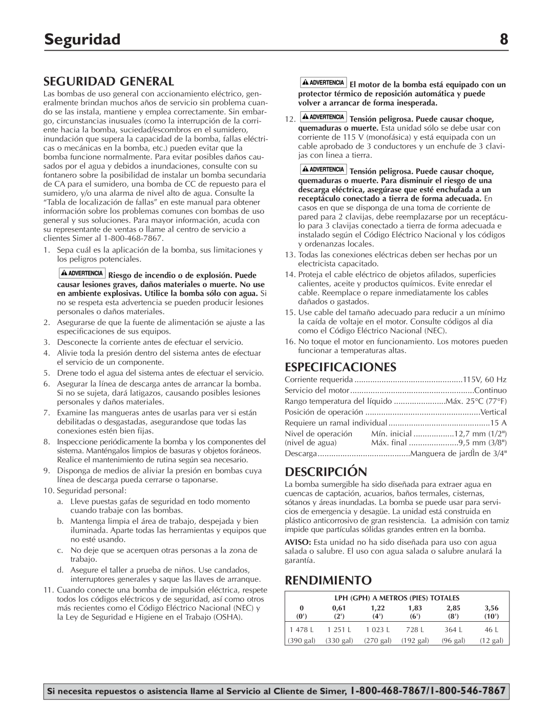 Simer Pumps 2110 owner manual Seguridad General, Especificaciones, Descripción, Rendimiento 