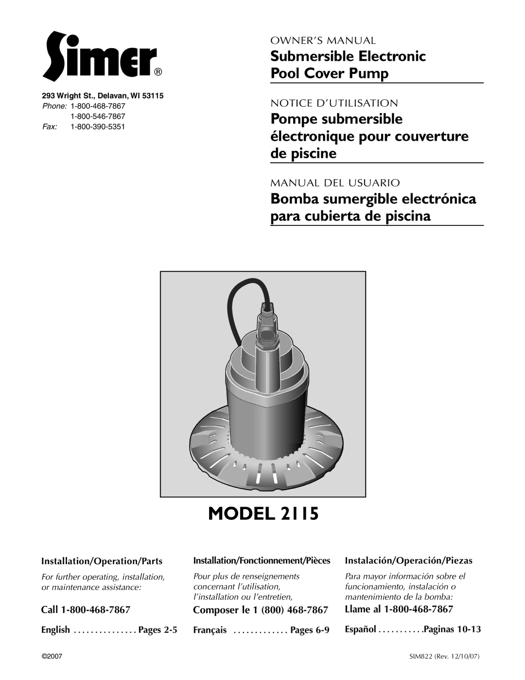 Simer Pumps 2115 owner manual Model, Pompe submersible électronique pour couverture de piscine 