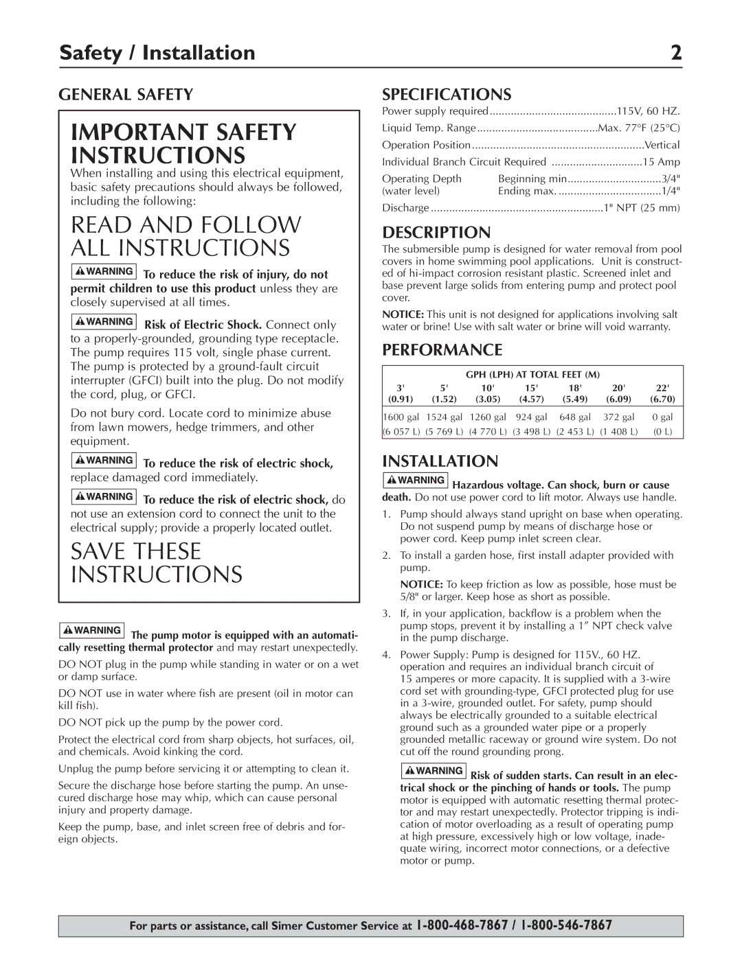 Simer Pumps 2115 owner manual Safety / Installation 