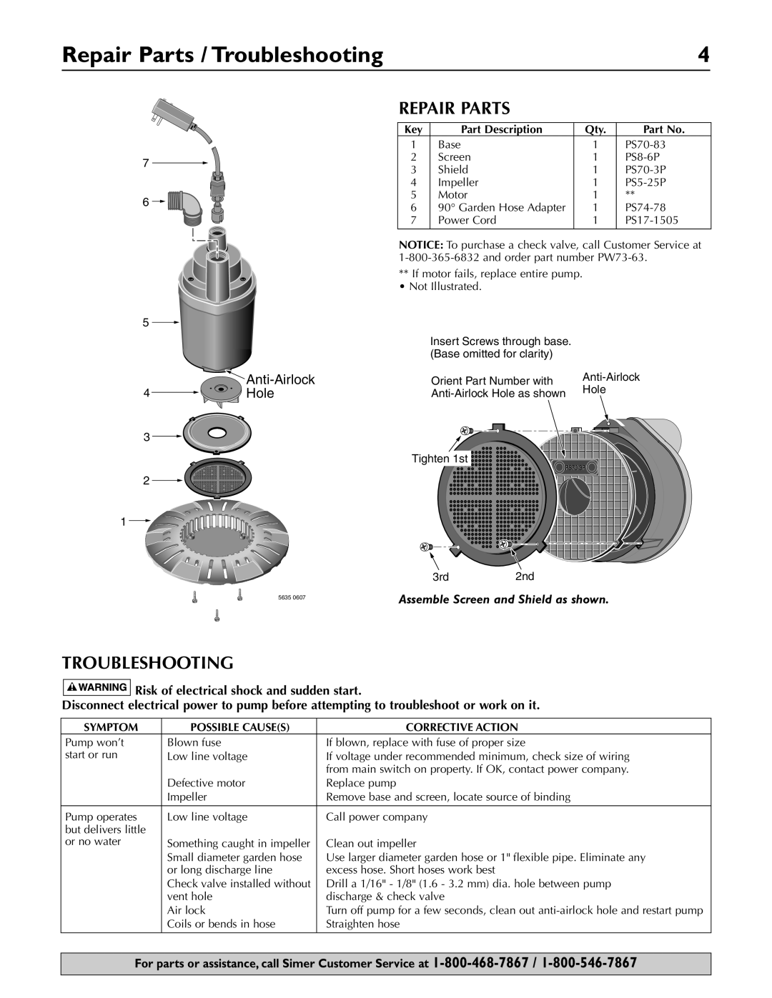 Simer Pumps 2115 owner manual Repair Parts / Troubleshooting 