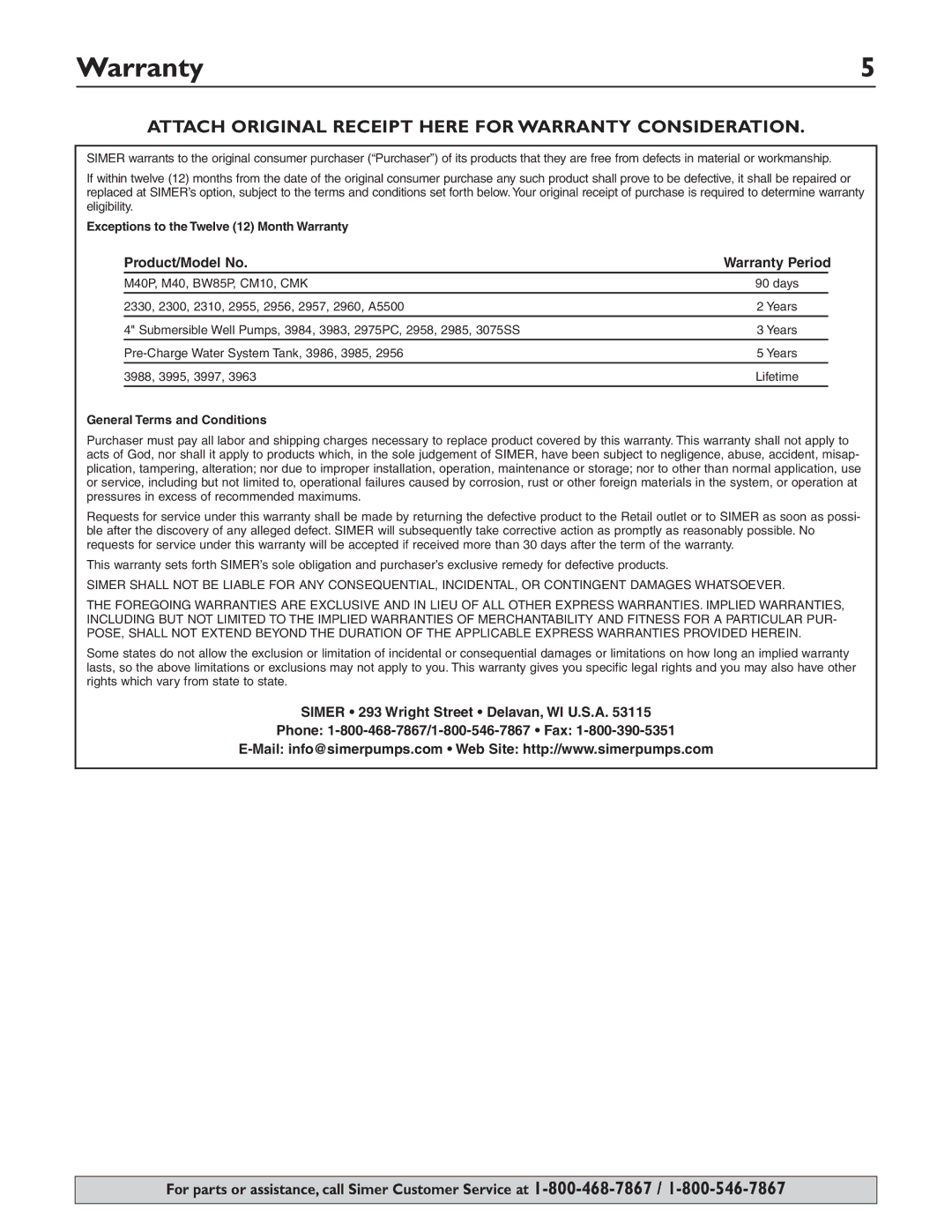 Simer Pumps 2115 owner manual Attach Original Receipt Here for Warranty Consideration 