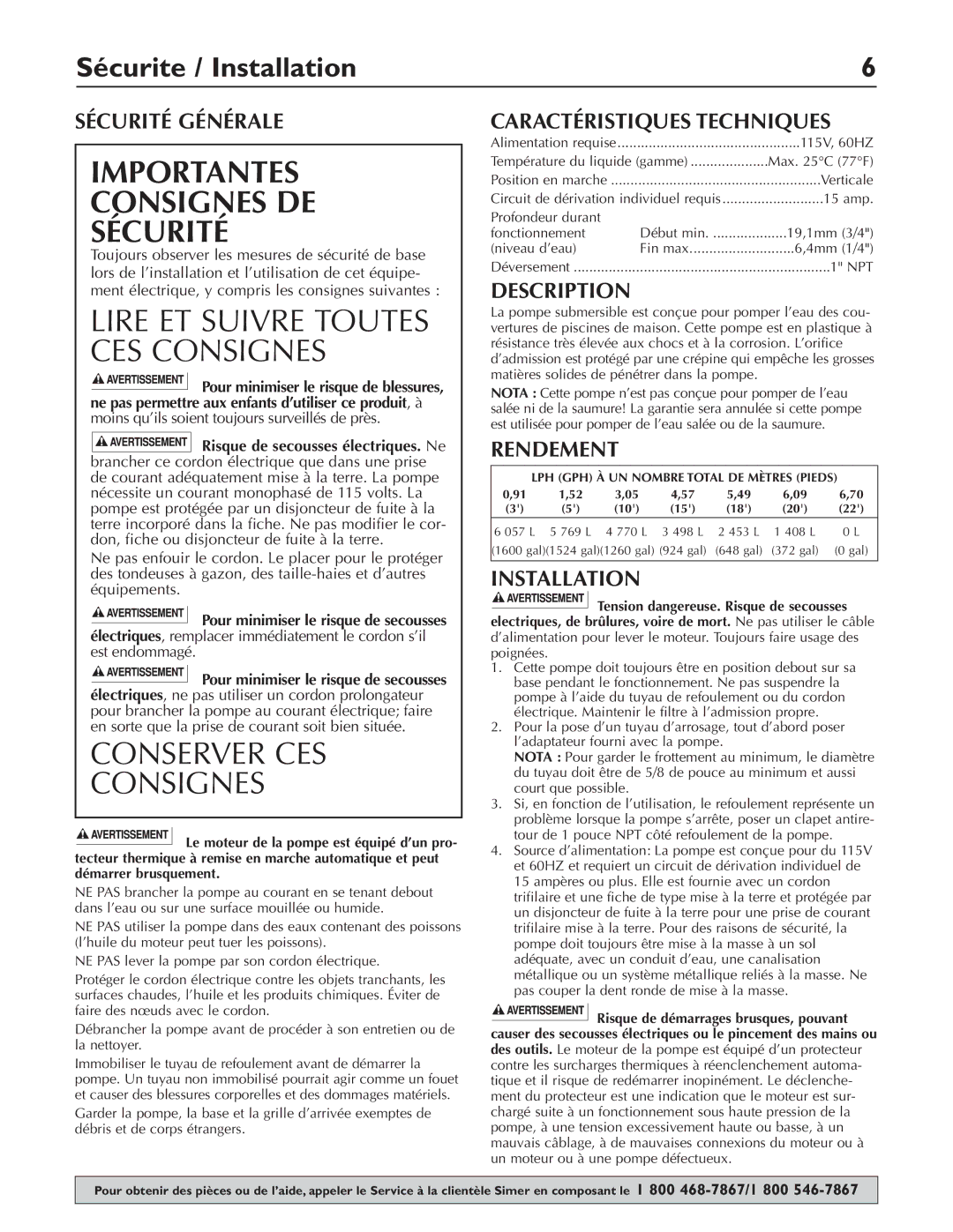 Simer Pumps 2115 owner manual Sécurite / Installation, Sécurité Générale, Caractéristiques Techniques, Rendement 