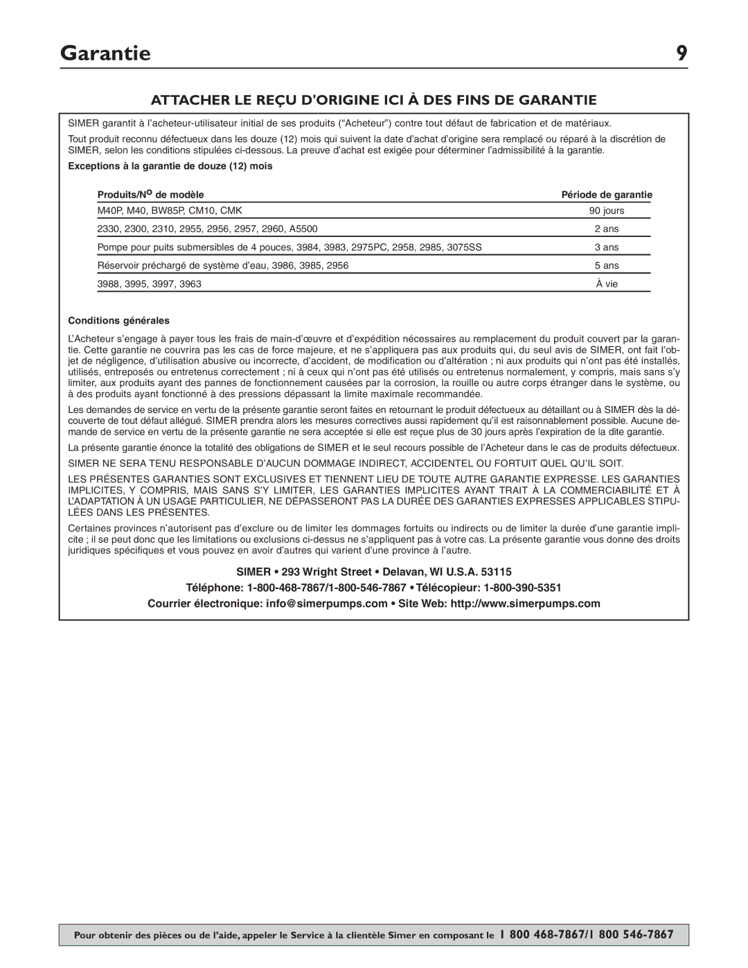 Simer Pumps 2115 owner manual Attacher LE Reçu Dorigine ICI À DES Fins DE Garantie 