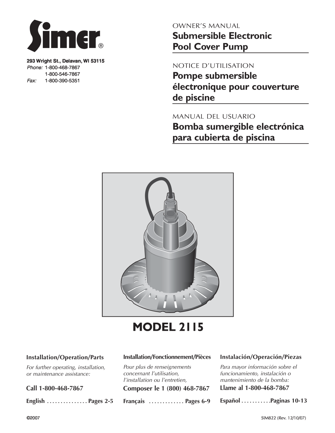 Simer Pumps 2115 owner manual Pompe submersible électronique pour couverture de piscine, Call, Composer le 1 800, Llame al 