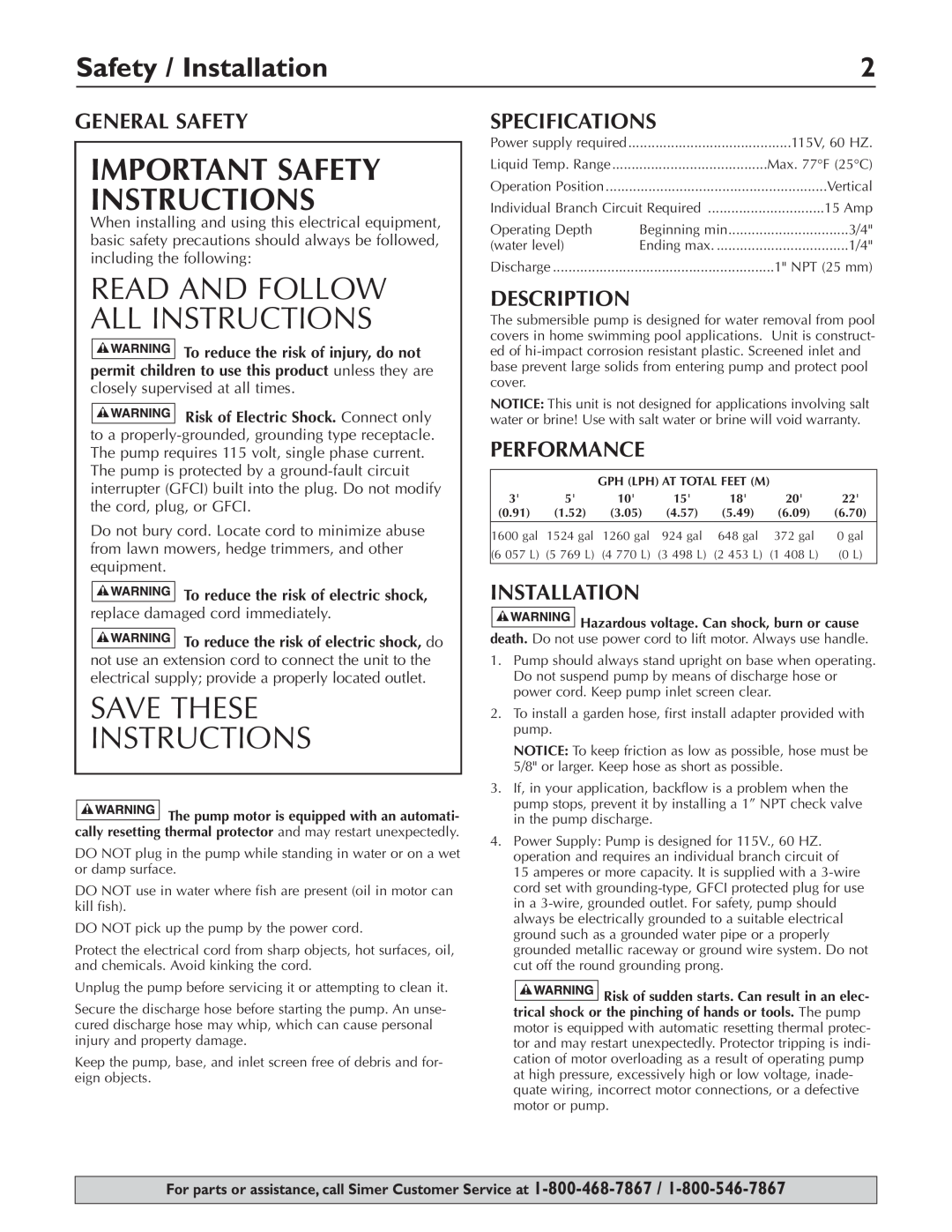 Simer Pumps 2115 Save These Instructions, Safety / Installation, General Safety, Specifications, Description, Performance 