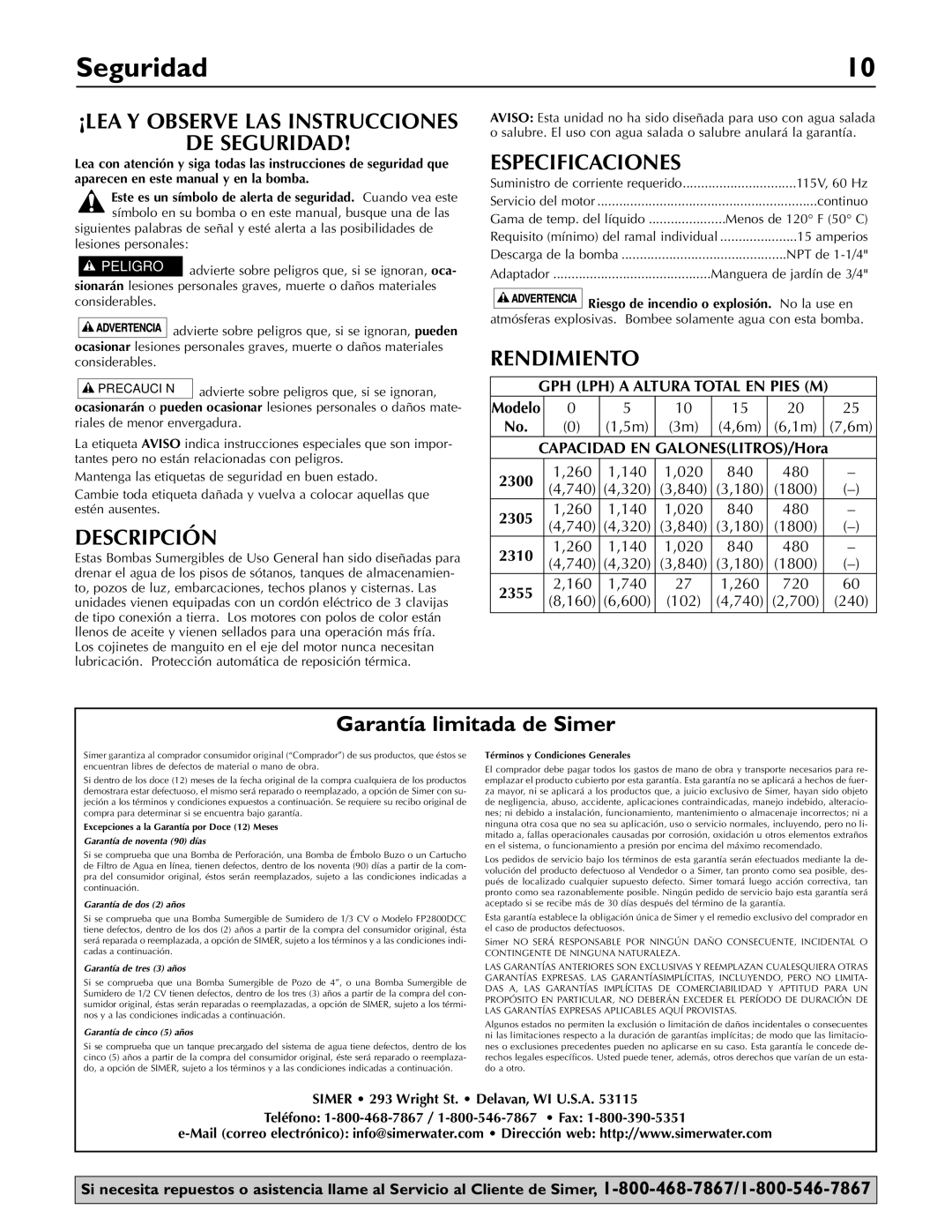 Simer Pumps 2355, 2300, 2310, 2305 owner manual DE Seguridad, Descripción, Especificaciones, Rendimiento 