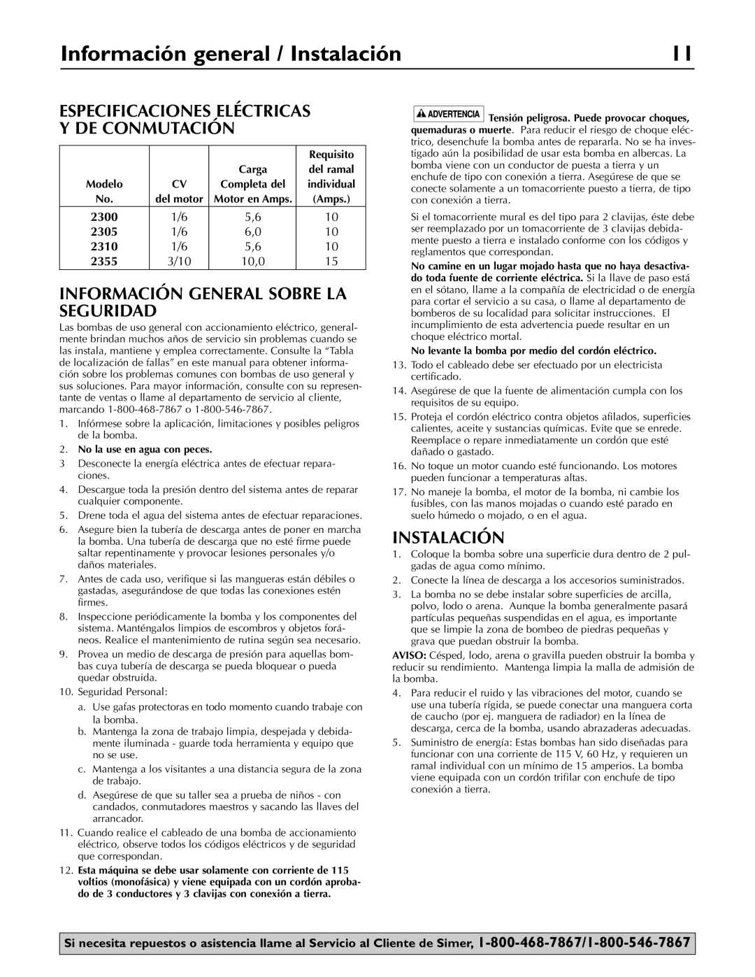 Simer Pumps 2305, 2300, 2310, 2355 owner manual Información general / Instalación, Información General Sobre LA Seguridad 