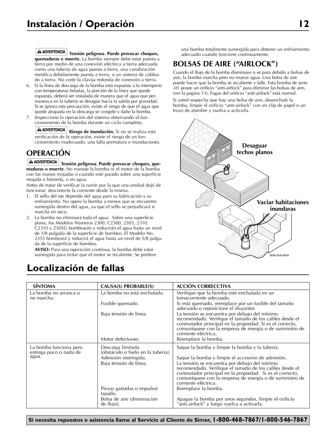 Simer Pumps 2300, 2310, 2355, 2305 owner manual Instalación / Operación, Localización de fallas, Bolsas DE Aire Airlock 