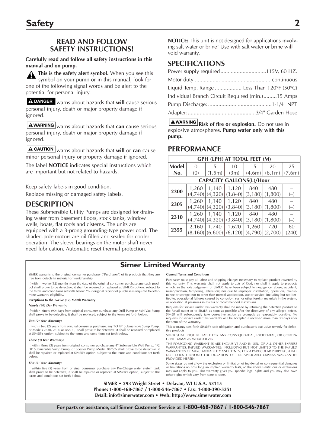 Simer Pumps 2355, 2300, 2310, 2305 Read and Follow Safety Instructions, Description, Specifications, Performance 