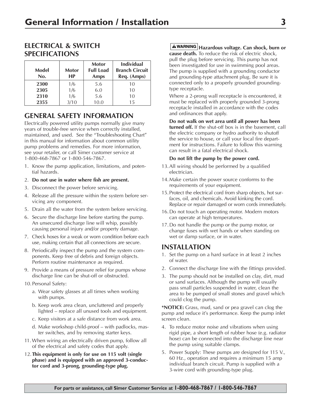 Simer Pumps 2305, 2300 General Information / Installation, Electrical & Switch Specifications, General Safety Information 
