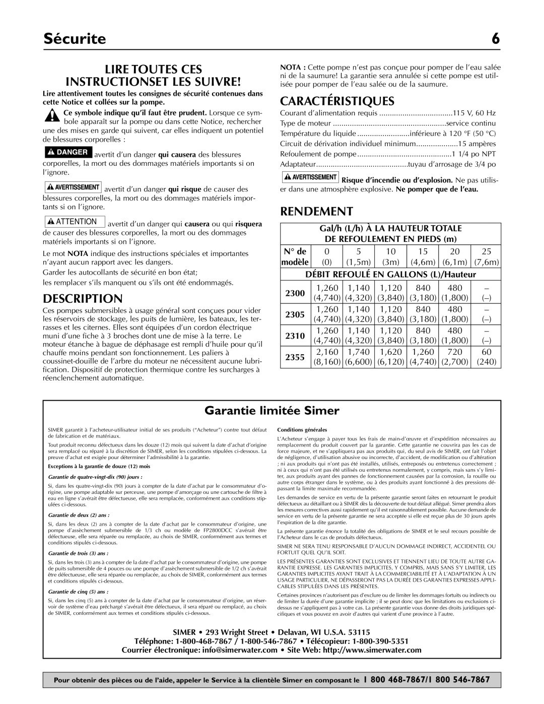 Simer Pumps 2355 Sécurite, Lire Toutes CES Instructionset LES Suivre, Caractéristiques, Rendement, Garantie limitée Simer 