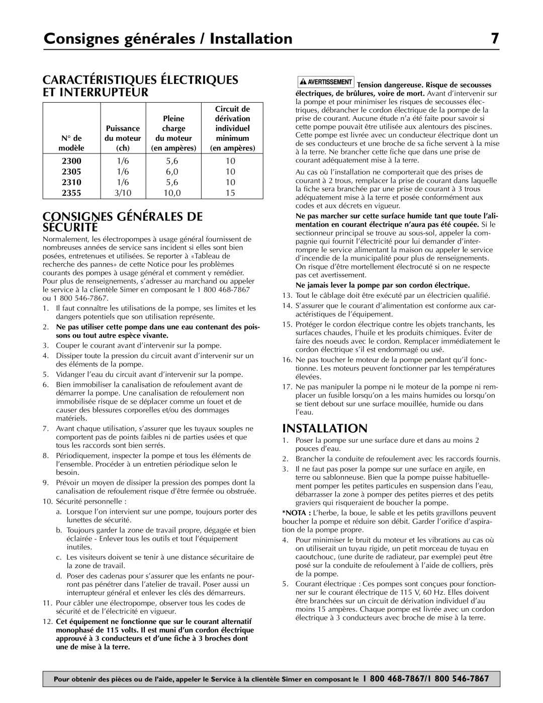 Simer Pumps 2305, 2300, 2310, 2355 owner manual Consignes générales / Installation, Consignes Générales DE Sécurité 