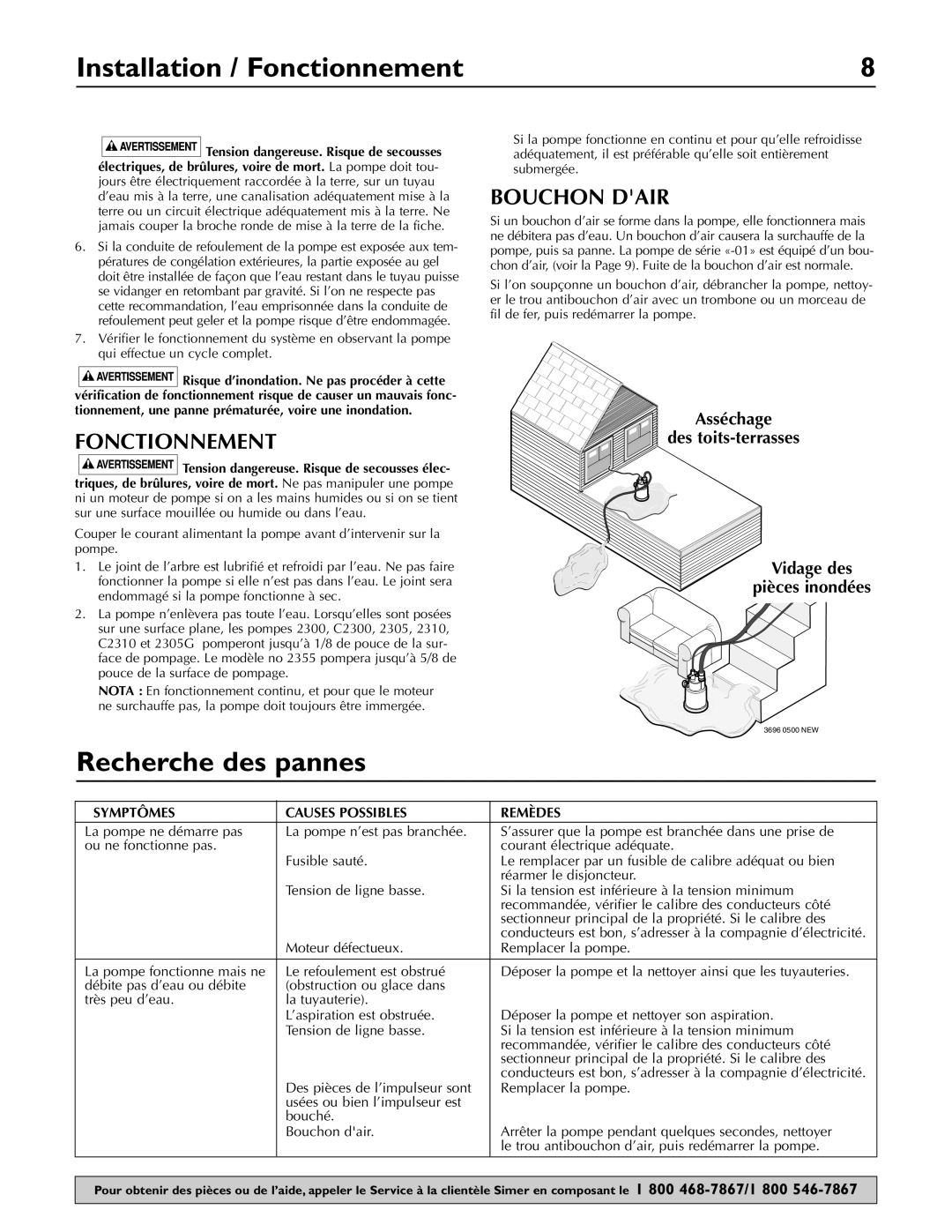 Simer Pumps 2300 Installation / Fonctionnement, Recherche des pannes, Bouchon Dair, Symptômes Causes Possibles Remèdes 