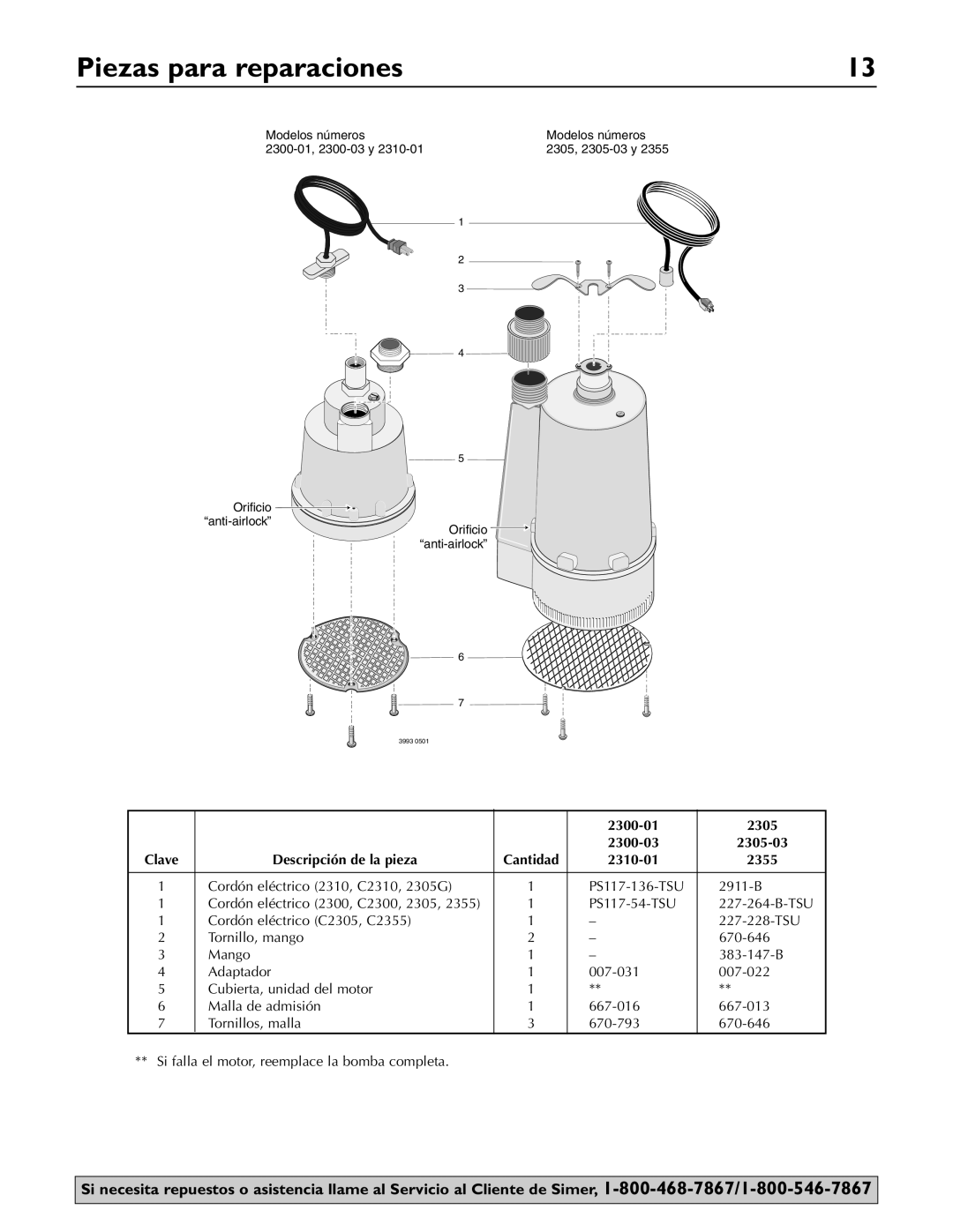 Simer Pumps 2355 owner manual Piezas para reparaciones, 2300-01, 2305, 2300-03, Descripción de la pieza, 2310-01 