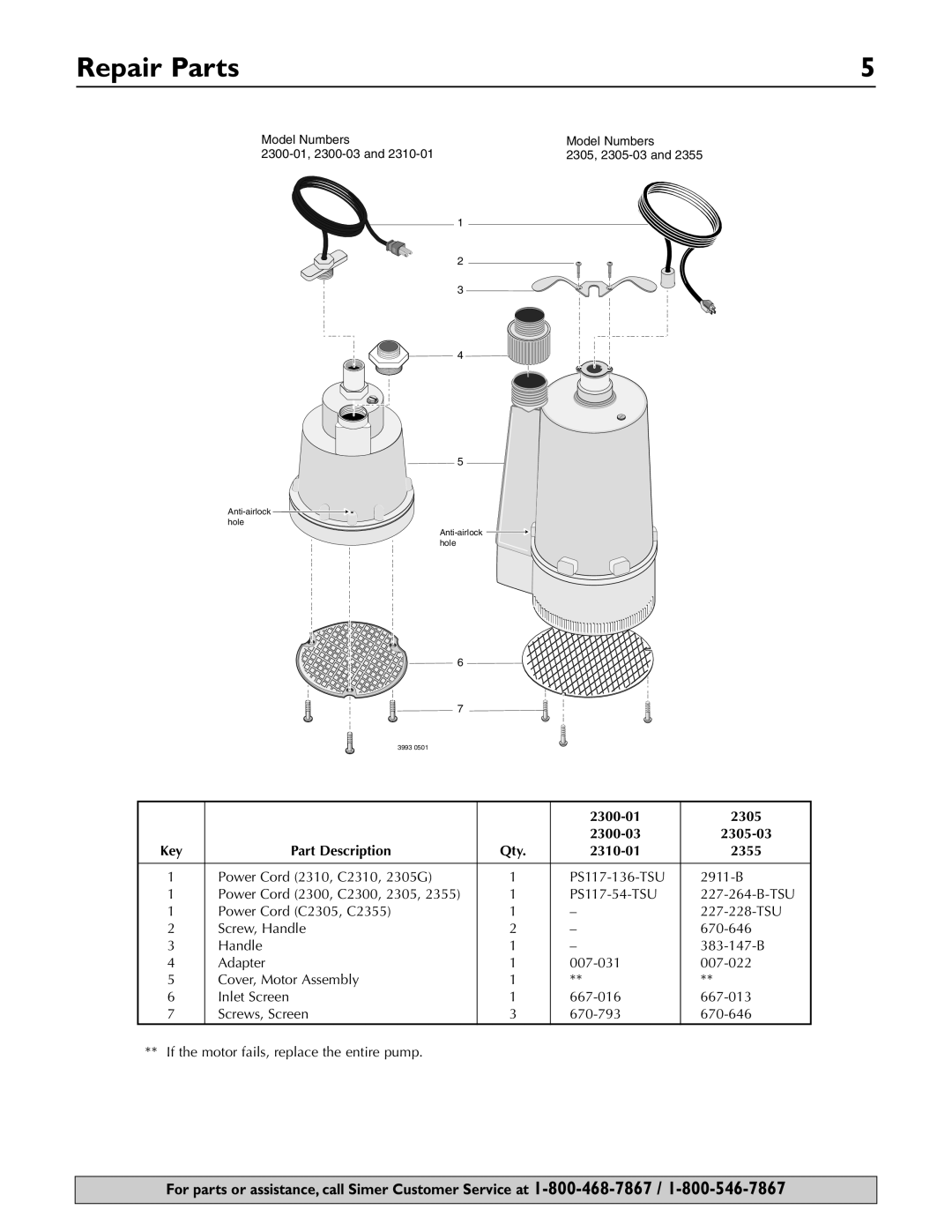 Simer Pumps 2355 owner manual Repair Parts, 2300-01, 2305, 2300-03, Part Description, 2310-01 
