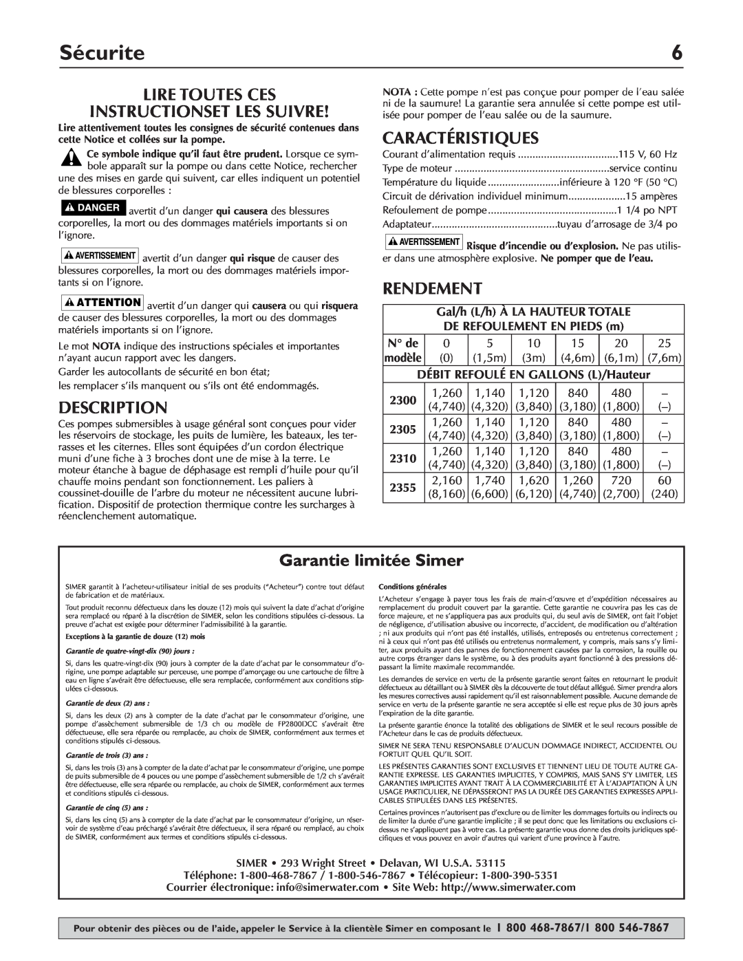 Simer Pumps 2355 Sécurite, Lire Toutes Ces Instructionset Les Suivre, Caractéristiques, Rendement, Garantie limitée Simer 