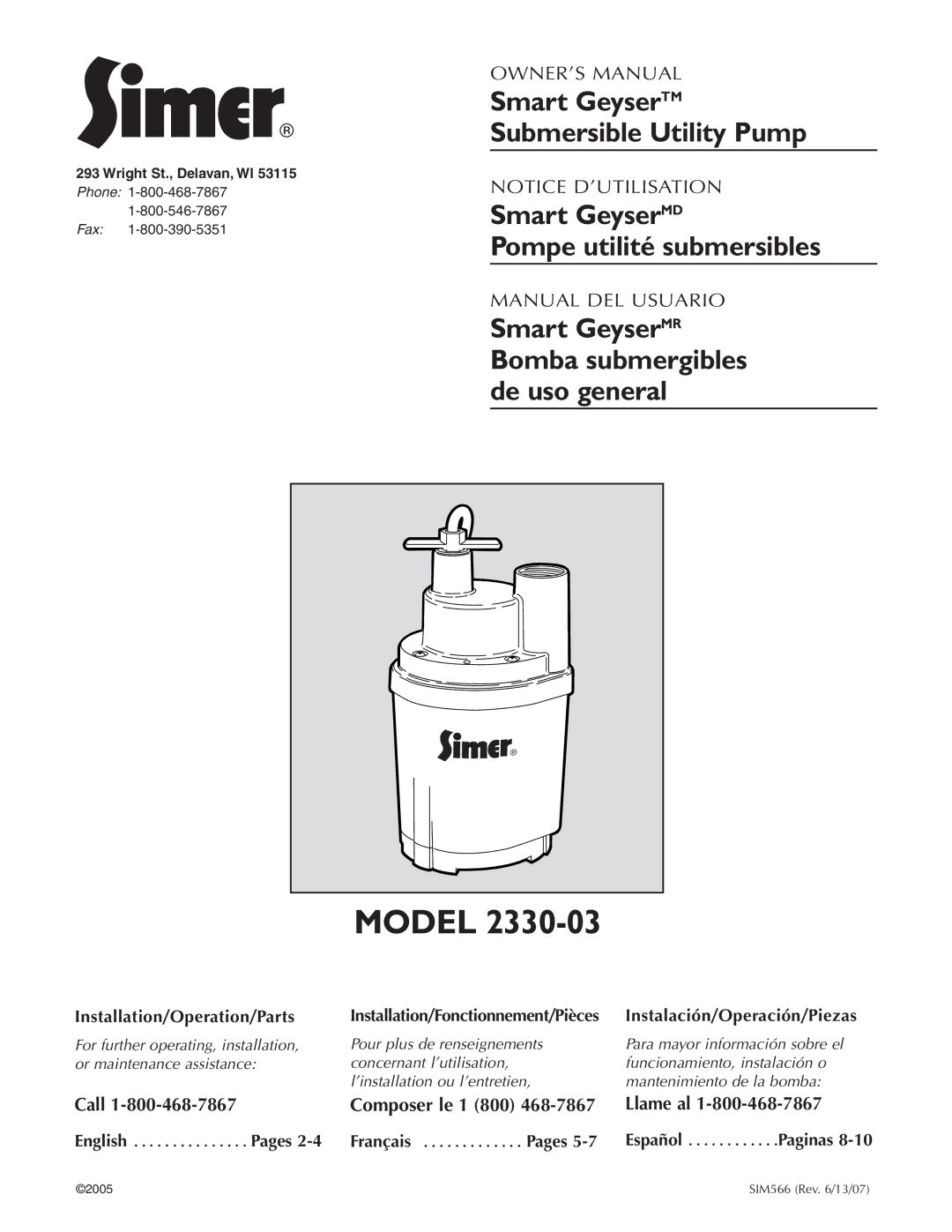 Simer Pumps 2330-03 owner manual Smart GeyserTM, Submersible Utility Pump, Smart GeyserMD, Pompe utilité submersibles 