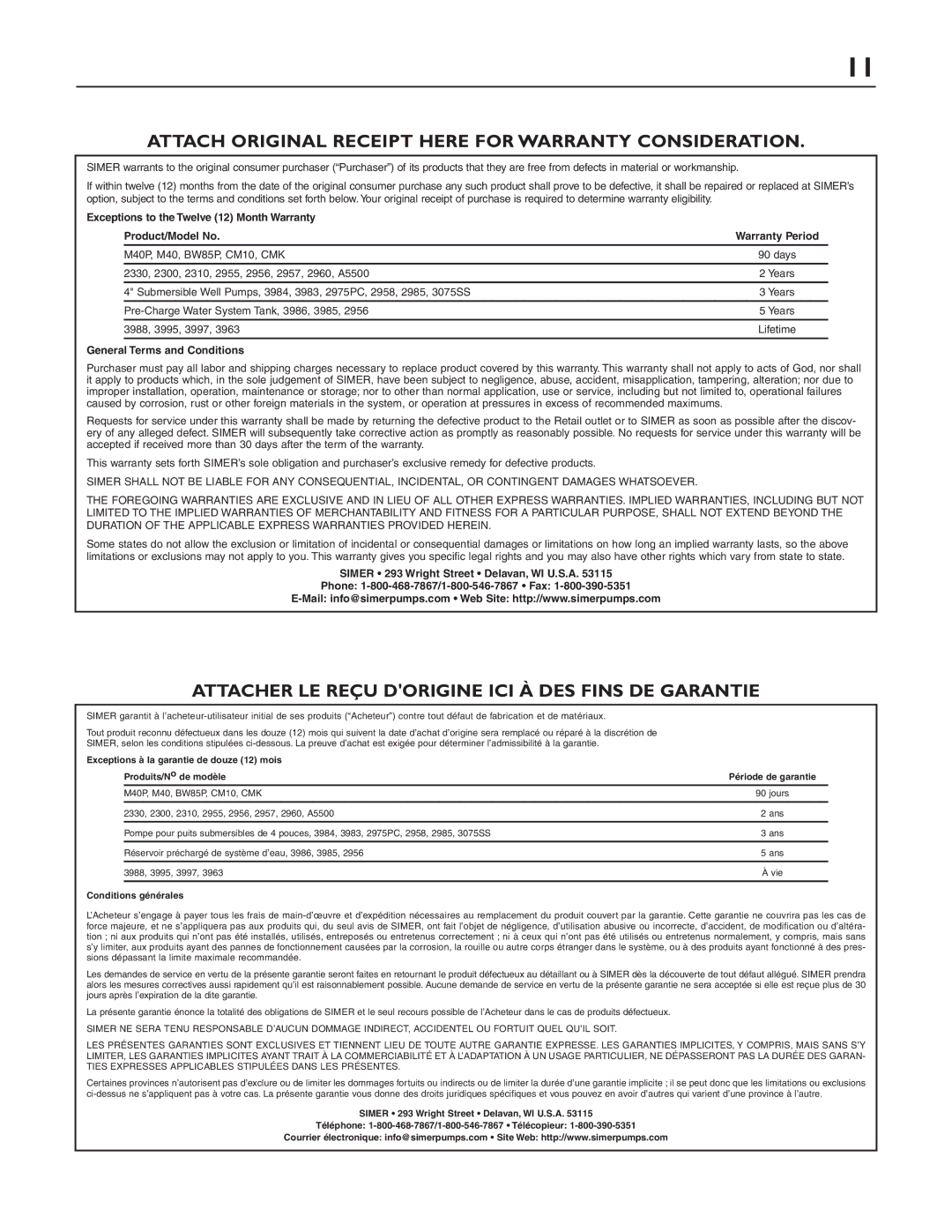 Simer Pumps 2330-03 owner manual Attach Original Receipt Here for Warranty Consideration 