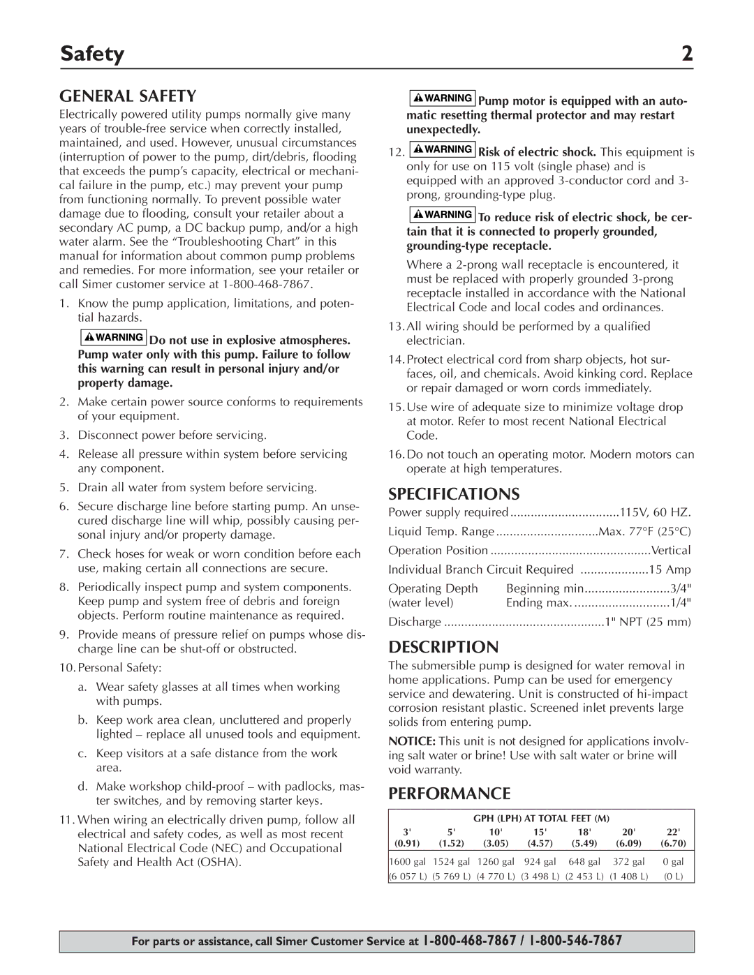 Simer Pumps 2330-03 owner manual General Safety, Specifications, Description, Performance 