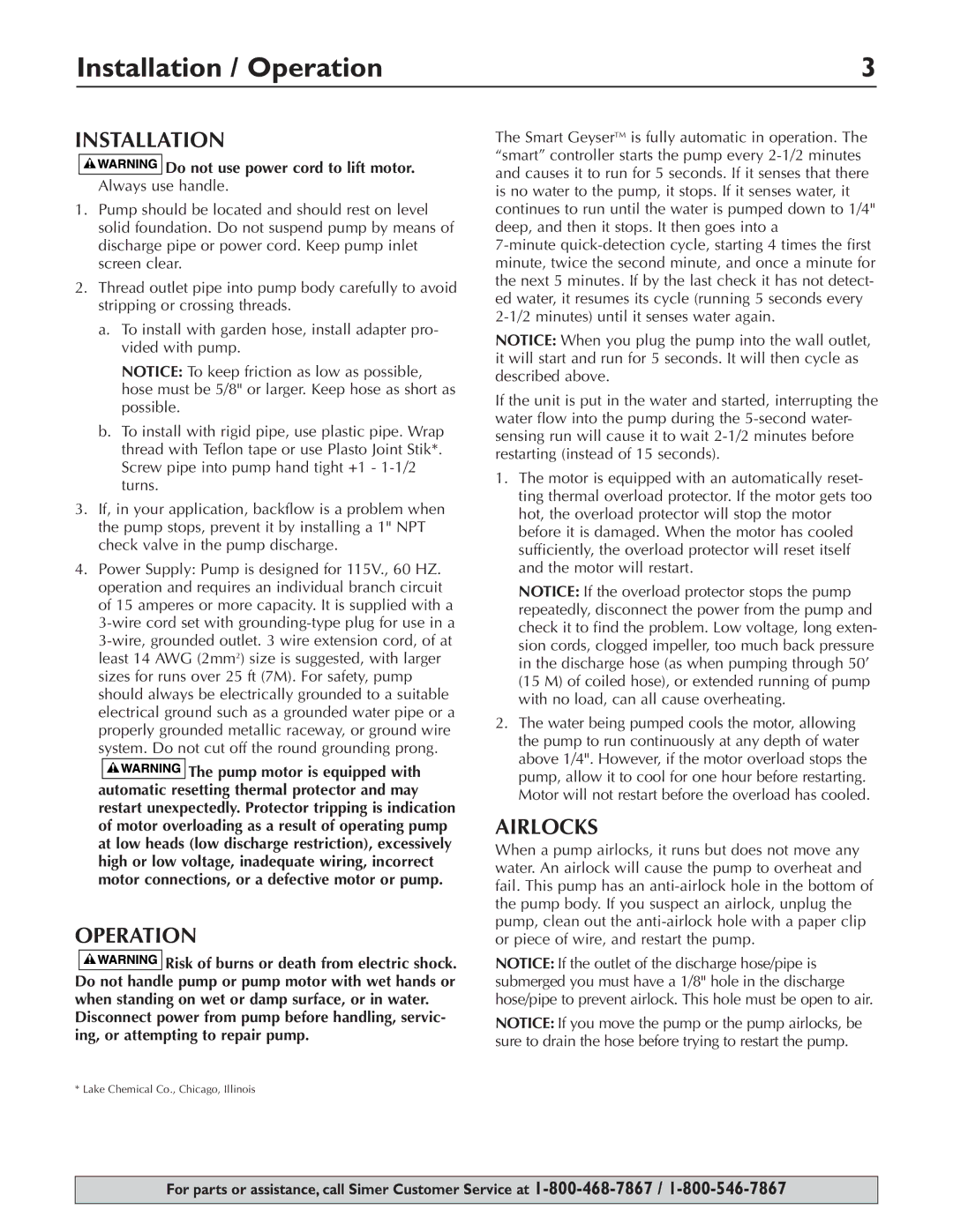 Simer Pumps 2330-03 owner manual Installation / Operation, Airlocks 