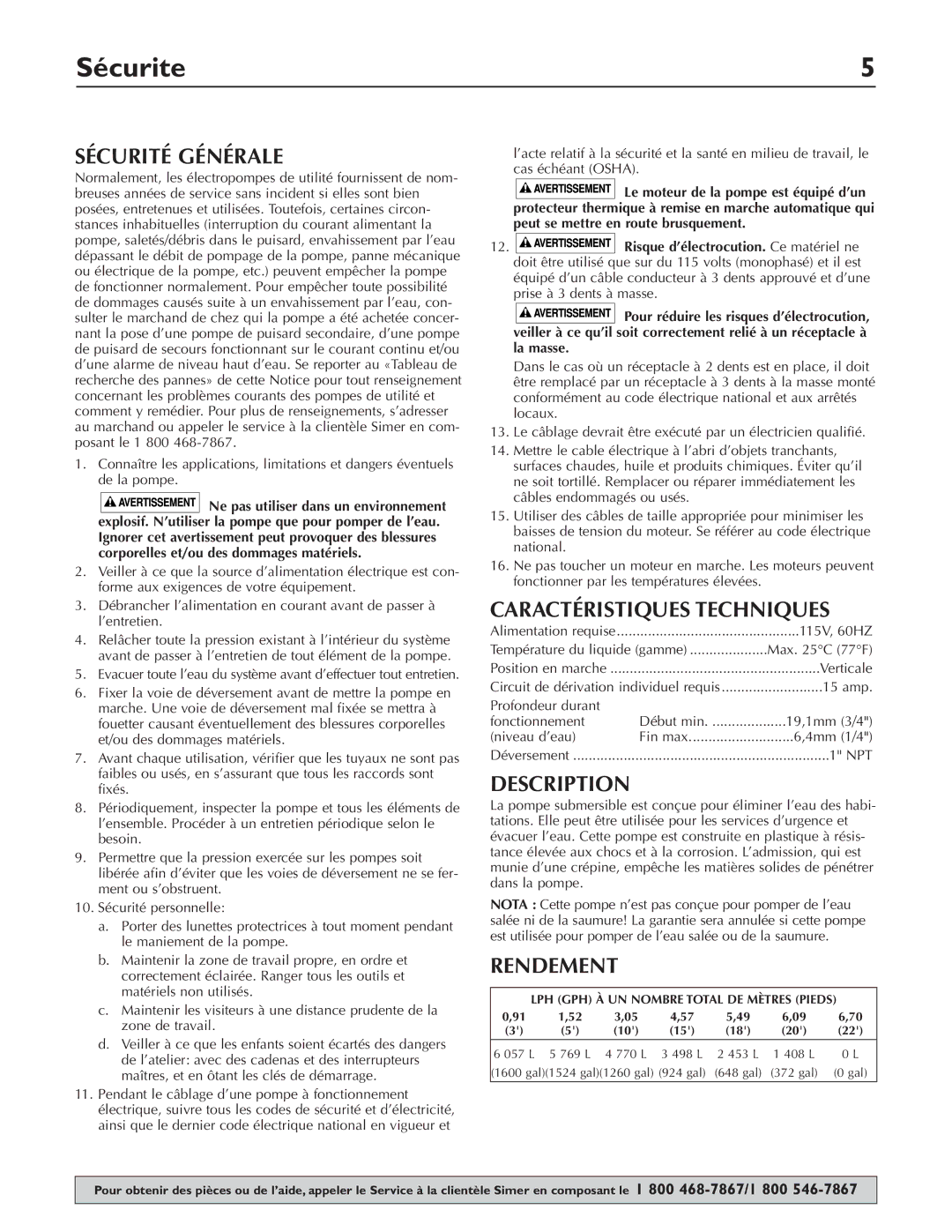 Simer Pumps 2330-03 owner manual Sécurite, Sécurité Générale, Caractéristiques Techniques, Rendement 