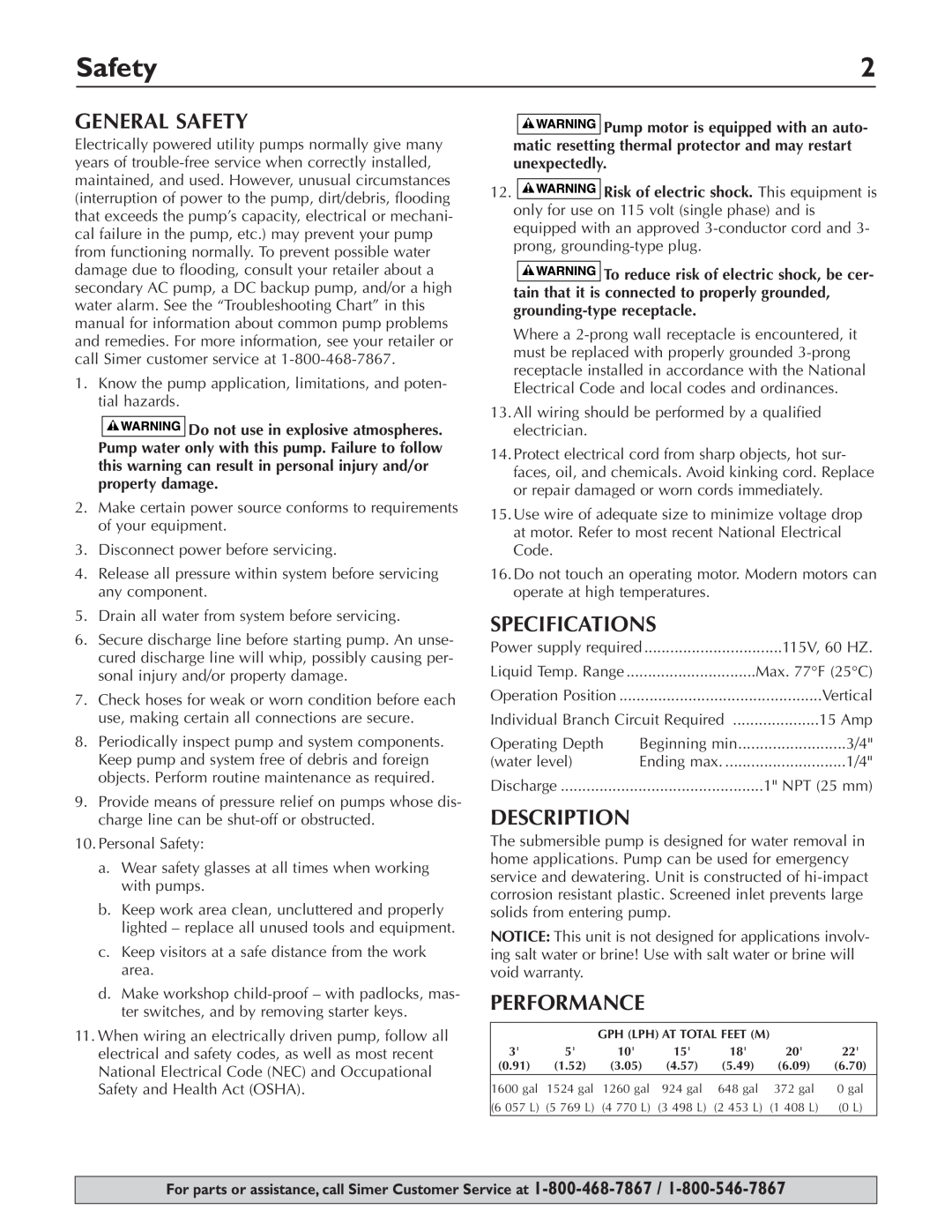 Simer Pumps 2330-03 owner manual General Safety, Specifications, Description, Performance 