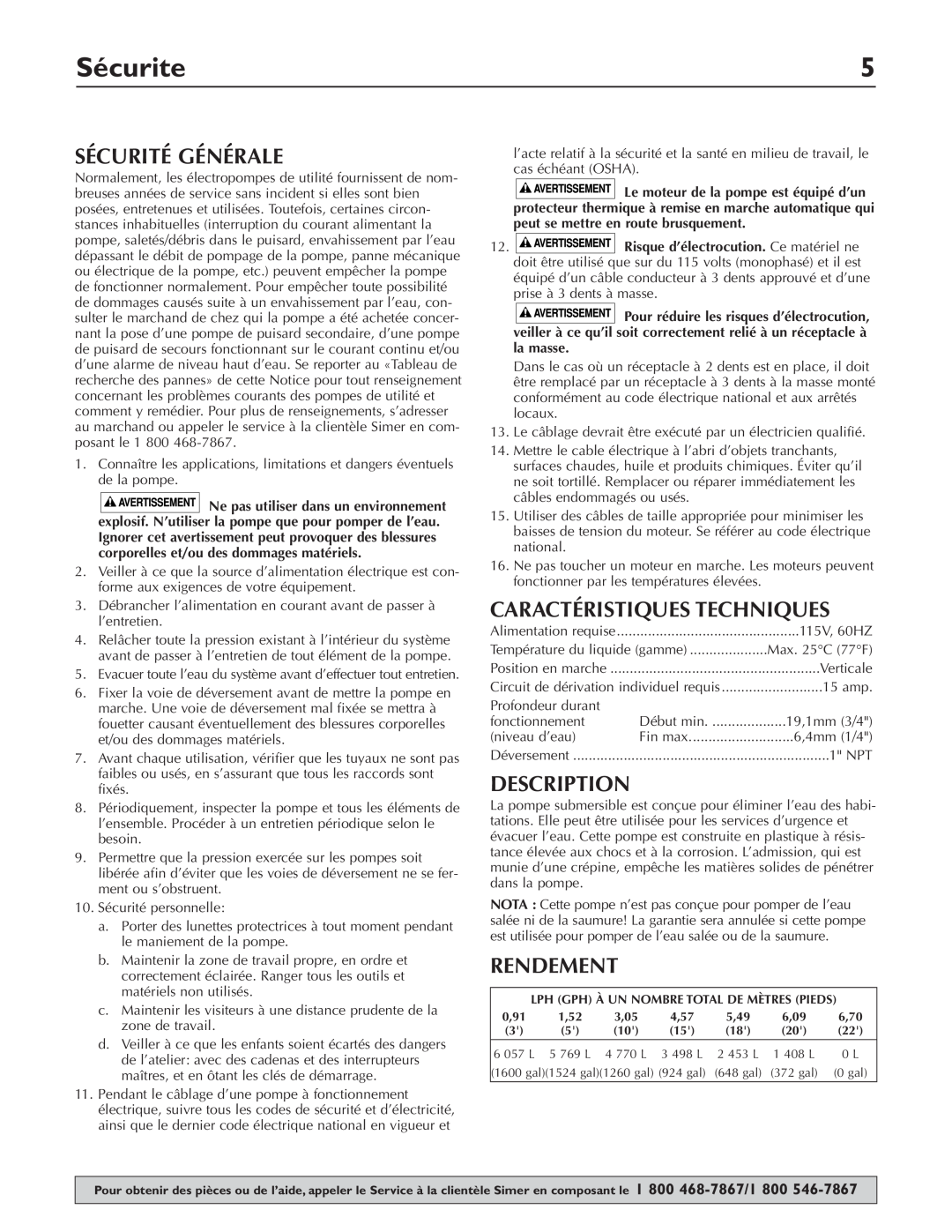 Simer Pumps 2330-03 owner manual Sécurite, Sécurité Générale, Caractéristiques Techniques, Rendement, Description 