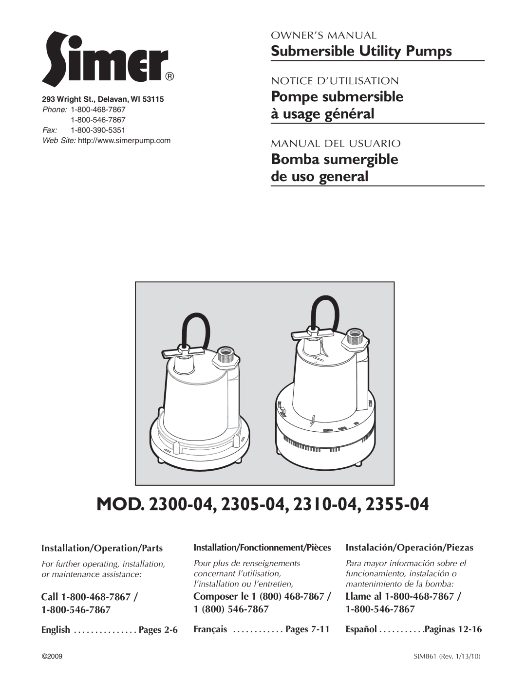 Simer Pumps 2355-04, 2300-04 owner manual MOD -04, 2305-04, 2310-04, Submersible Utility Pumps 