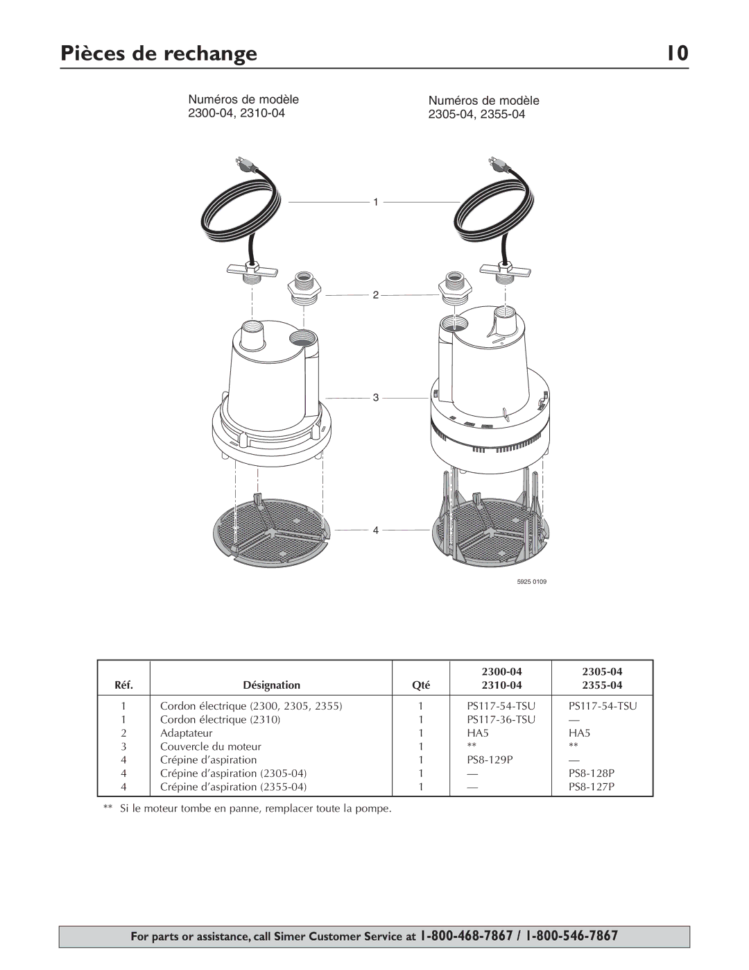 Simer Pumps 2355-04, 2310-04 owner manual Pièces de rechange, Numéros de modèle 2300-04 2305-04 