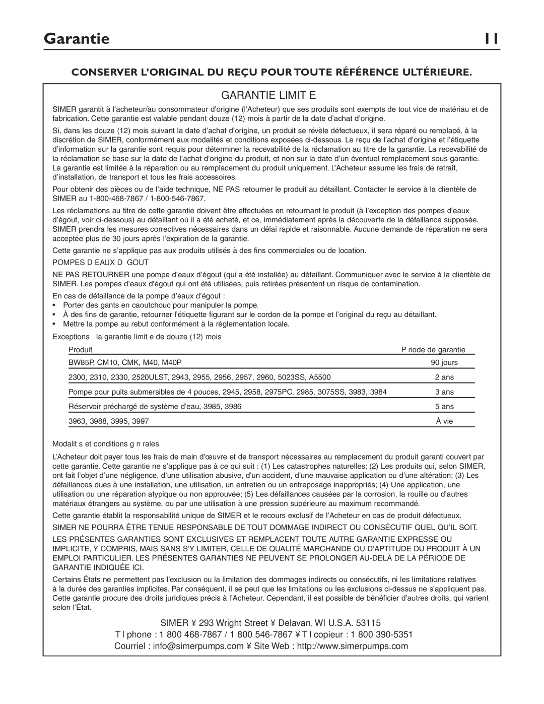 Simer Pumps 2310-04, 2355-04, 2305-04, 2300-04 owner manual Garantie Limitée 