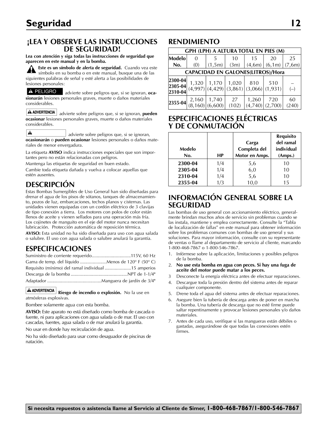 Simer Pumps 2355-04, 2305-04, 2300-04, 2310-04 owner manual Seguridad 