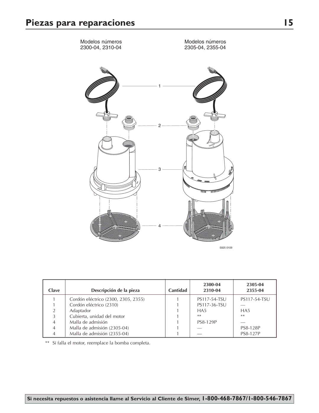 Simer Pumps 2310-04, 2355-04 owner manual Piezas para reparaciones, Modelos números 2300-04 2305-04 