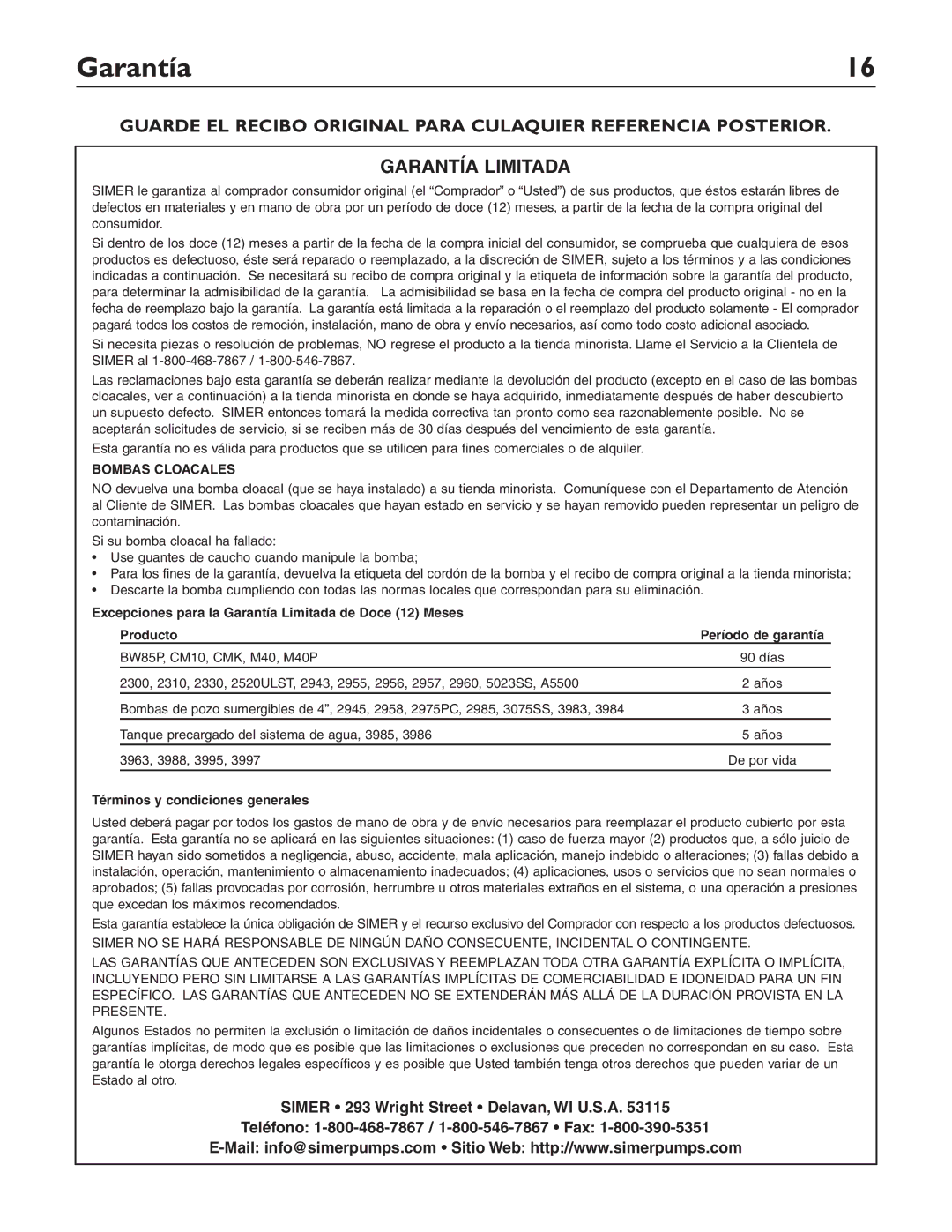 Simer Pumps 2355-04, 2305-04, 2300-04, 2310-04 owner manual Garantía Limitada 