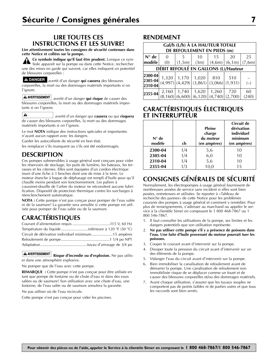 Simer Pumps 2310-04, 2355-04 Sécurite / Consignes générales, Lire Toutes CES Instructions ET LES Suivre, Caractéristiques 