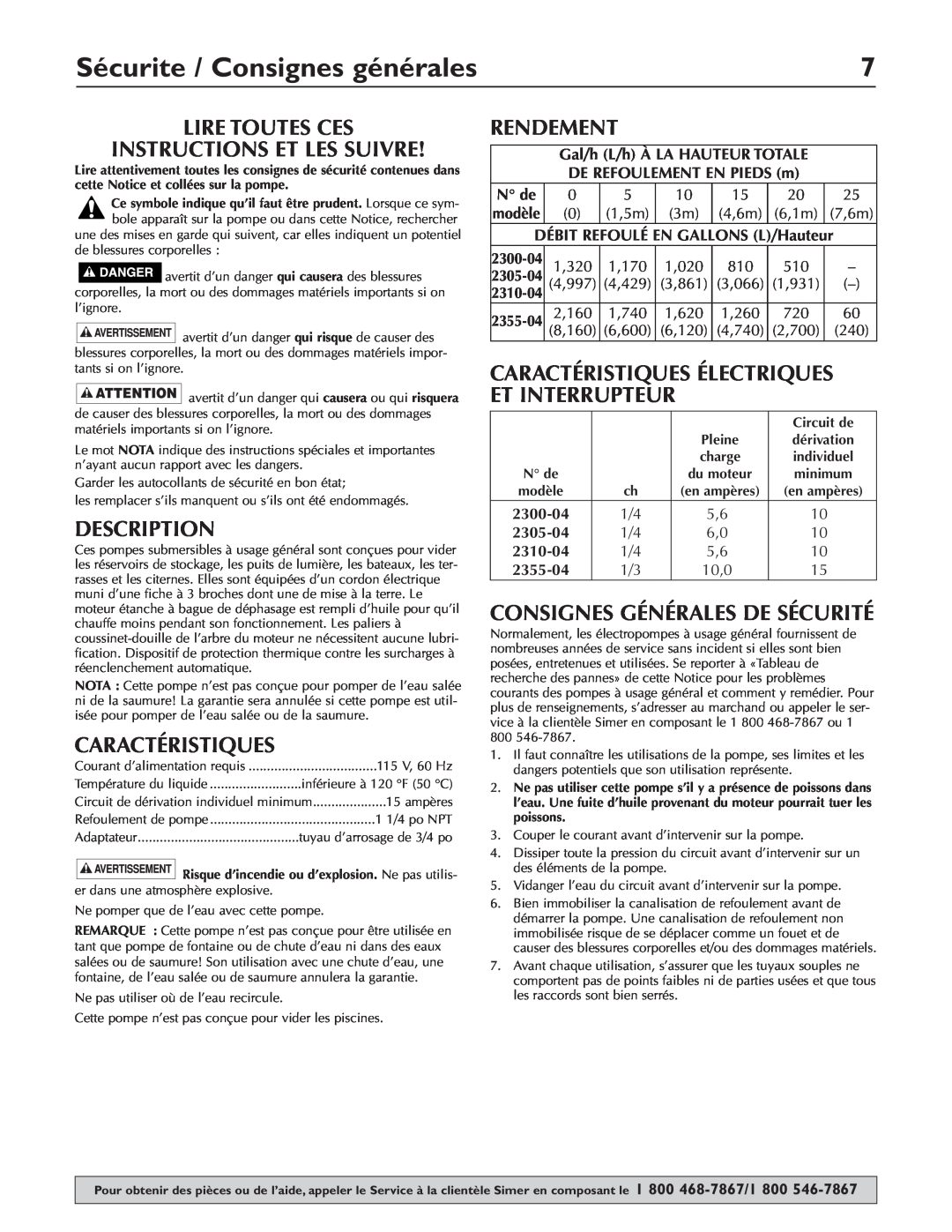 Simer Pumps 2310-04 Sécurite / Consignes générales, Lire Toutes Ces Instructions Et Les Suivre, Caractéristiques, N de 