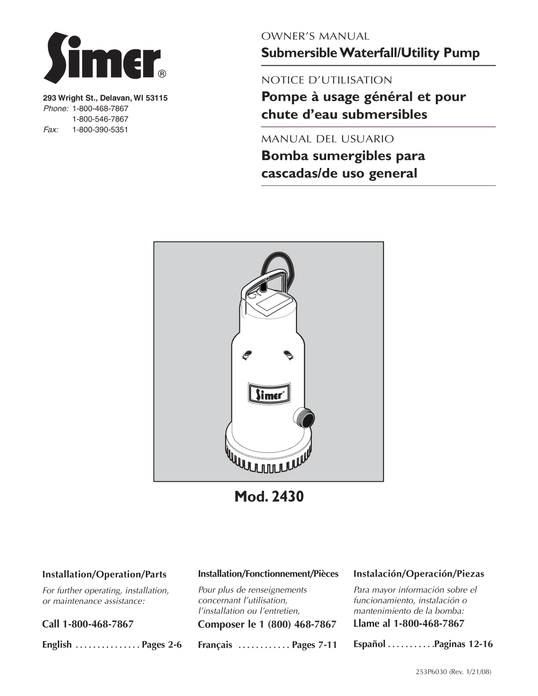 Simer Pumps 2430 owner manual Mod, Pages, Installation/Fonctionnement/Pièces 