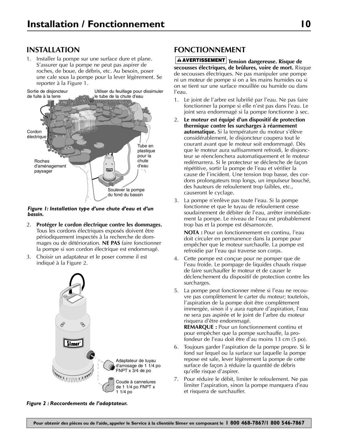 Simer Pumps 2430 owner manual Installation / Fonctionnement 