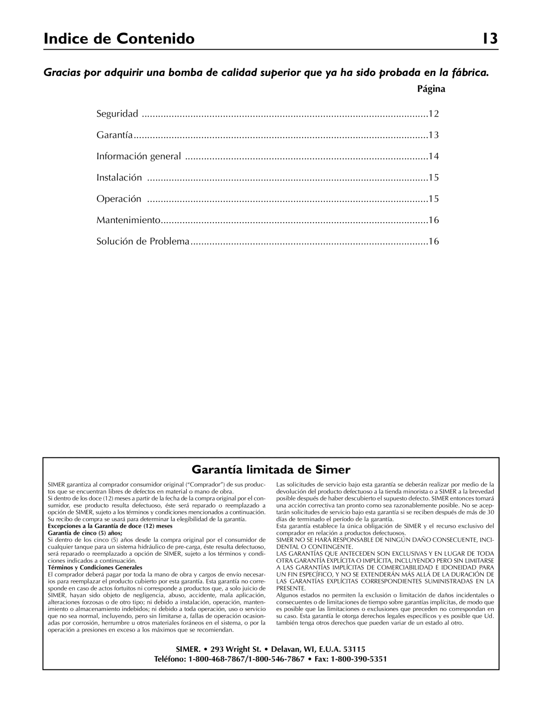 Simer Pumps 2430 owner manual Indice de Contenido, Garantía limitada de Simer 