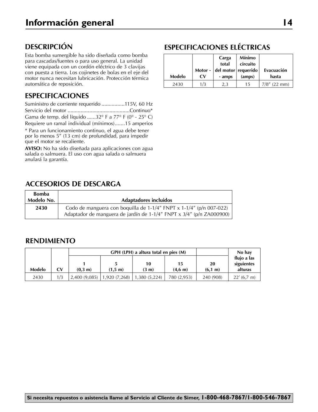 Simer Pumps 2430 owner manual Información general 