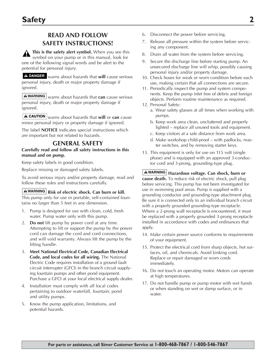 Simer Pumps 2430 owner manual Read and Follow Safety Instructions, General Safety 